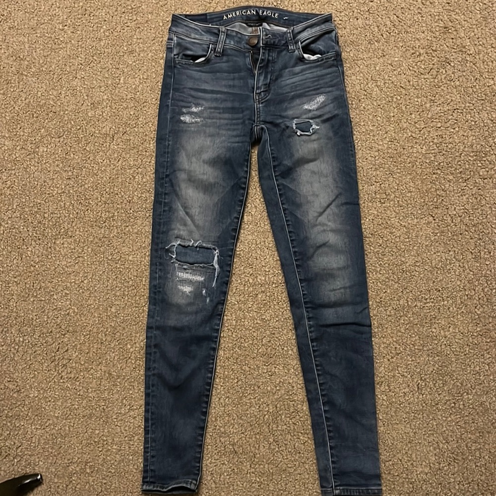 American eagle super stretch super soft patch-distressed skinny jeans
